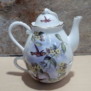 Vintage Gracie China Hummingbird Yellow Flowers Porcelain Tea for One Gold Trim